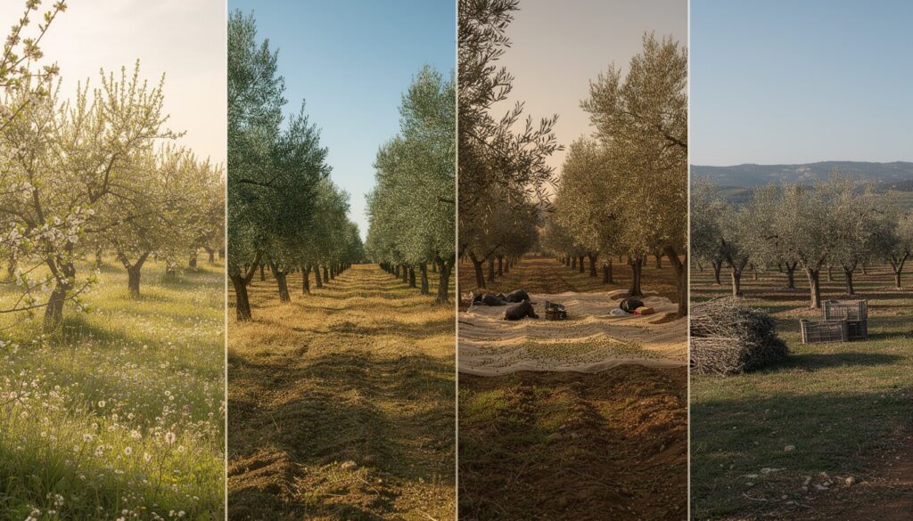Olivar mediterráneo mostrando las cuatro estaciones del año