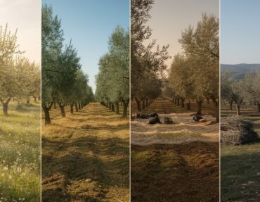 Olivar mediterráneo a lo largo de las cuatro estaciones Olivar mediterráneo mostrando las cuatro estaciones del año