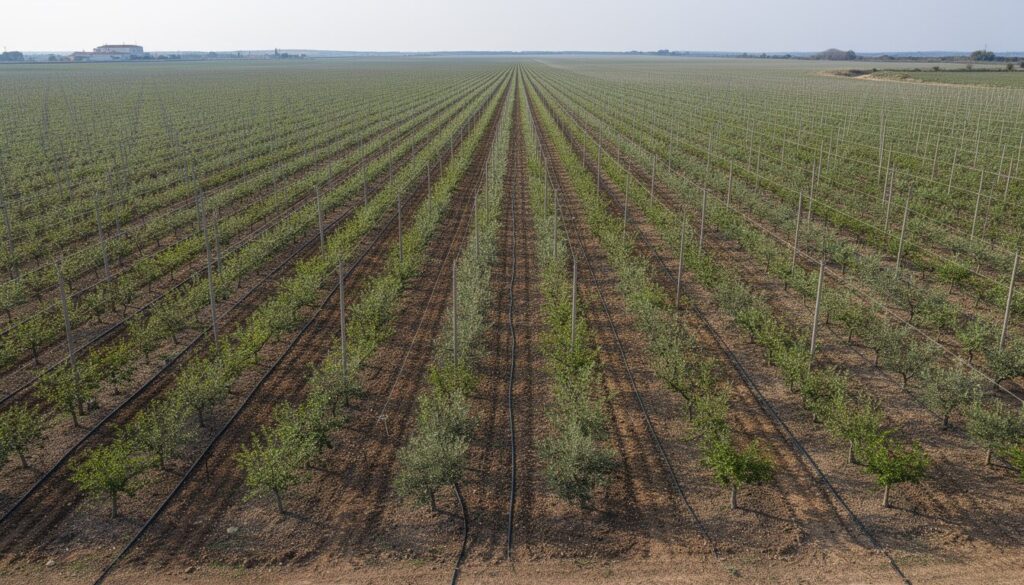 Vista aérea de olivar superintensivo recién plantado con riego por goteo