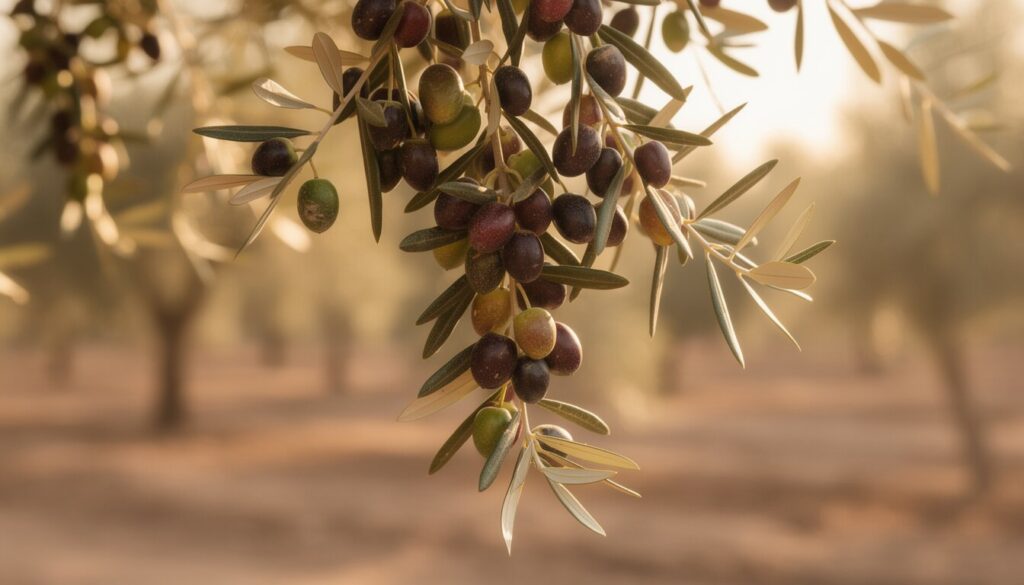 Aceitunas Arbequina maduras en rama de olivo