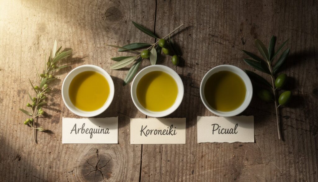 Tres cuencos de aceite de oliva virgen extra con ramas de olivo Picual Hojiblanca y Arbequina