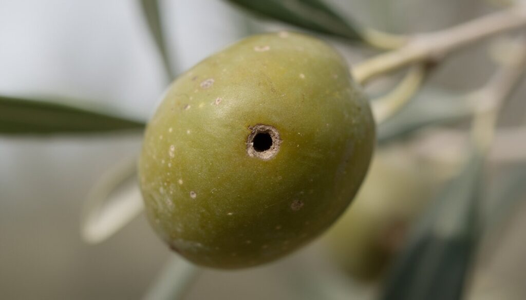 Primer plano de aceituna dañada por mosca del olivo Bactrocera oleae