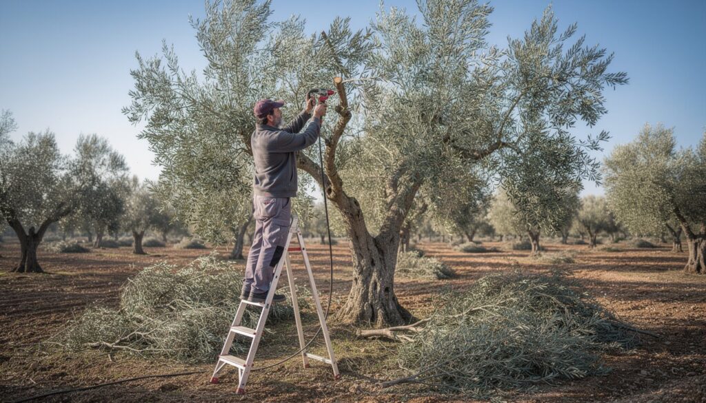 Profesional podando ramas de olivo