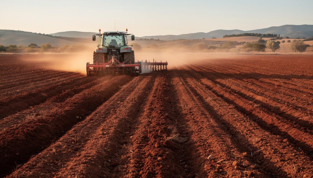 Tractor subsolando terreno agrícola para plantación de olivos