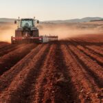 Tractor subsolando terreno agrícola para plantación de olivos